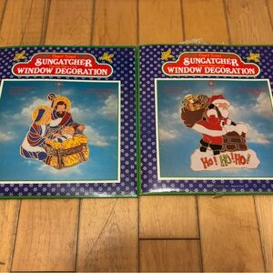 2 New old stock vintage Christmas Suncatcher Window Decorations stained glass.